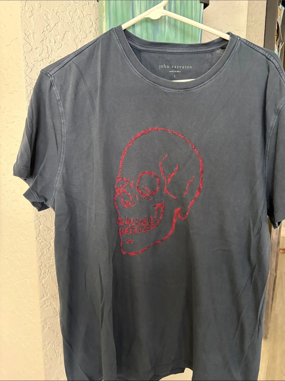 John Varvatos Navy Tee with Red Skull Graphic